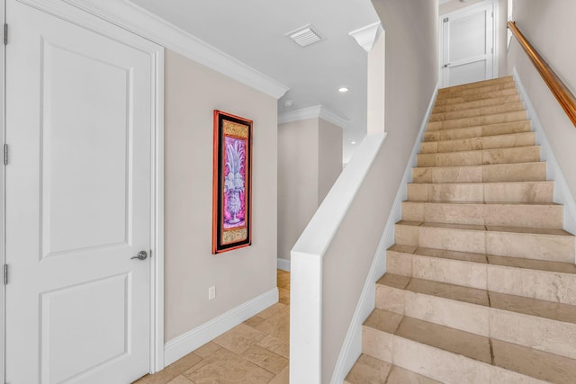 2394 Coco Plum Dr Unit 2, Marathon, FL 33050 - staircase featuring crown molding, stone tile floors, and recessed lighting