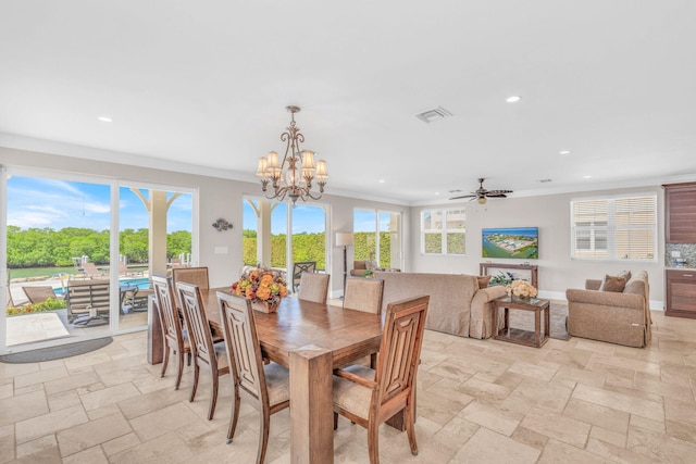 2394 Coco Plum Dr Unit 2, Marathon, FL 33050 - dining area with ornamental molding, stone tile floors, recessed lighting, plenty of natural light, and ceiling fan
