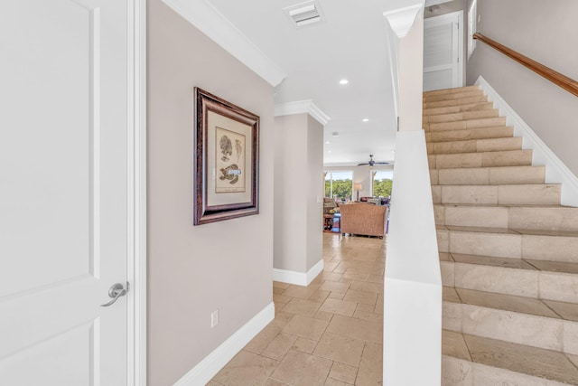 2394 Coco Plum Dr Unit 2, Marathon, FL 33050 - stairs featuring stone tile floors, crown molding, recessed lighting, and ceiling fan