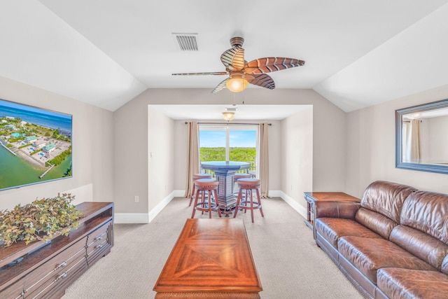2394 Coco Plum Dr Unit 2, Marathon, FL 33050 - living area with light carpet, vaulted ceiling, and ceiling fan