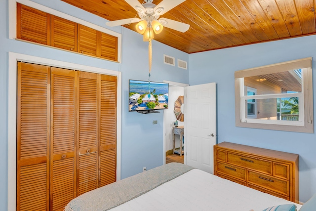 bedroom with wooden ceiling, ceiling fan, and a closet