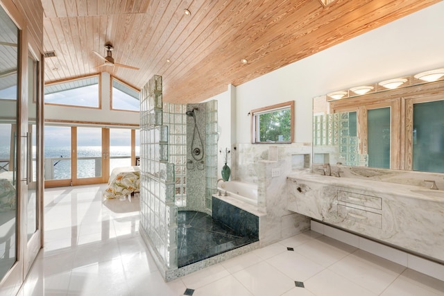 bathroom with a water view, wooden ceiling, separate shower and tub, and a wealth of natural light