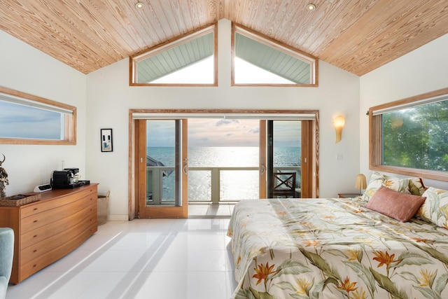 tiled bedroom with multiple windows, lofted ceiling, access to outside, wood ceiling, and a water view