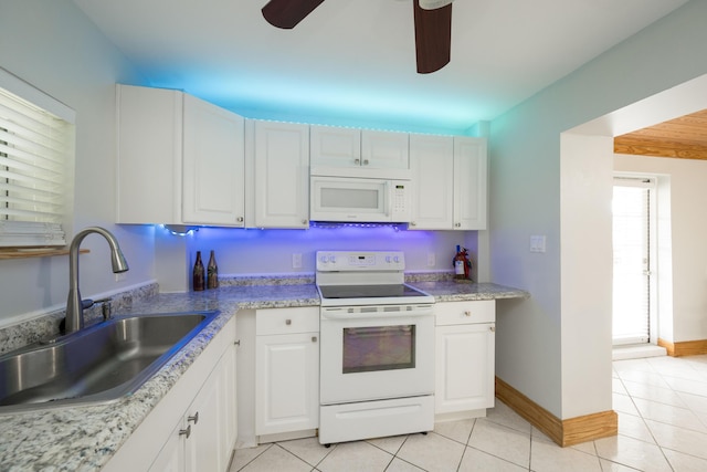 kitchen with white cabinetry, sink, and white appliances