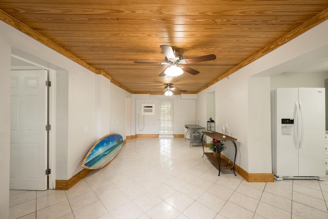 interior space featuring crown molding, light tile patterned flooring, wooden ceiling, and ceiling fan