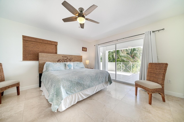 bedroom with ceiling fan and access to outside