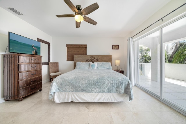 bedroom featuring access to outside, ceiling fan, and light tile patterned floors