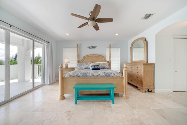 bedroom with ceiling fan and access to exterior