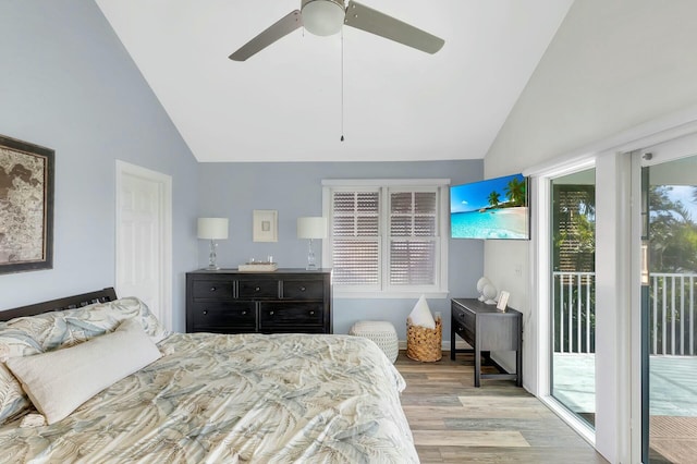 bedroom with lofted ceiling, ceiling fan, light wood finished floors, and access to exterior