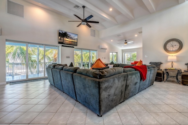 tiled living room featuring ceiling fan, plenty of natural light, high vaulted ceiling, and beamed ceiling