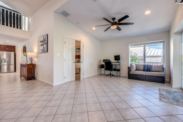 tiled home office with ceiling fan