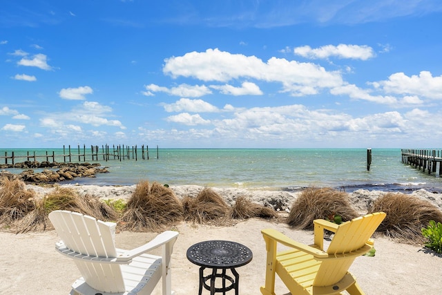 view of water feature with a beach view