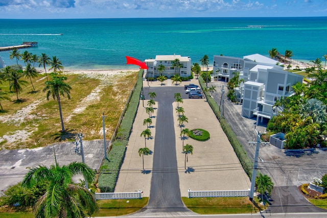 bird's eye view featuring a beach view and a water view