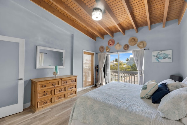 bedroom featuring beamed ceiling, access to outside, light wood-style floors, and baseboards