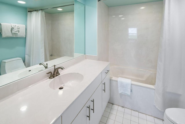 full bathroom with vanity, toilet, tile patterned flooring, and shower / tub combo