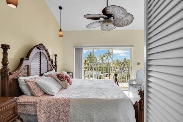 bedroom featuring ceiling fan and access to exterior