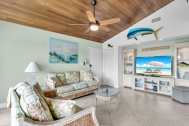 living room featuring tile patterned flooring, vaulted ceiling, wooden ceiling, and ceiling fan