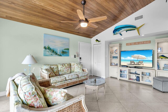 living room featuring tile patterned flooring, vaulted ceiling, wooden ceiling, and ceiling fan