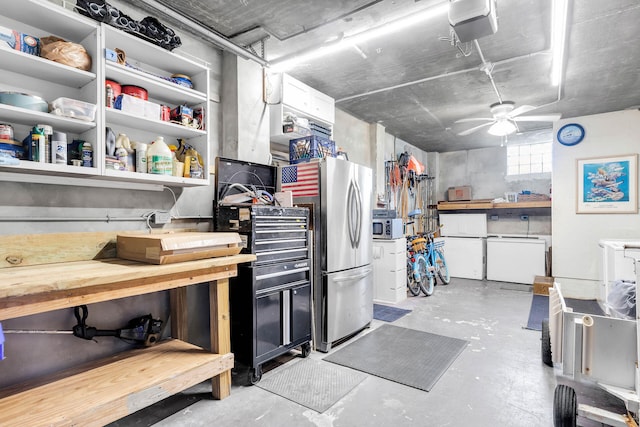 kitchen with white refrigerator, wooden counters, and stainless steel fridge