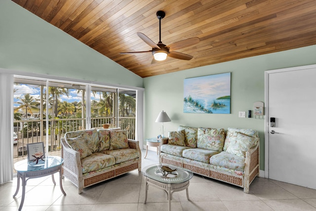 tiled living room featuring wood ceiling, ceiling fan, and lofted ceiling