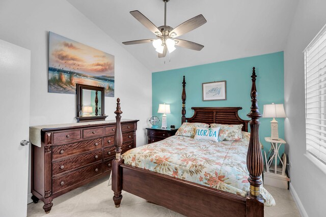 bedroom with vaulted ceiling and ceiling fan