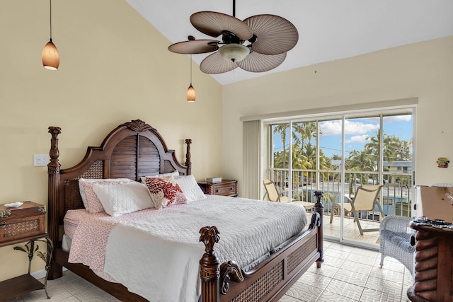 bedroom with lofted ceiling, access to outside, and ceiling fan