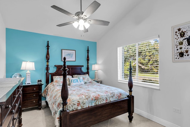 bedroom featuring vaulted ceiling and ceiling fan