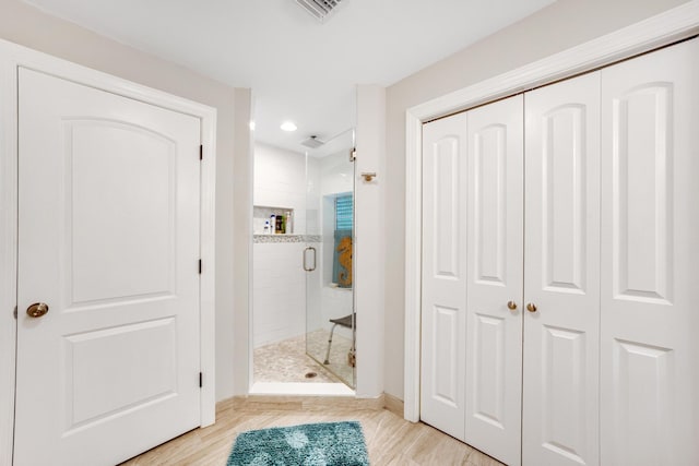 351 8th St, Key Colony, FL 33051 - full bathroom featuring a shower stall, wood finished floors, baseboards, and recessed lighting