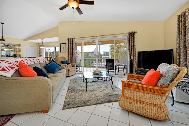 tiled living room with vaulted ceiling and ceiling fan