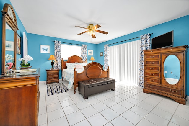 bedroom with light tile patterned flooring and ceiling fan