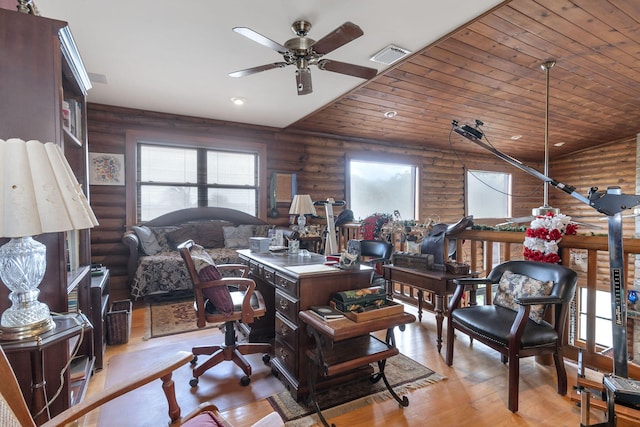 living room with ceiling fan, wooden ceiling, and light hardwood / wood-style floors