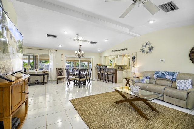 tiled living room with ceiling fan with notable chandelier and vaulted ceiling with beams