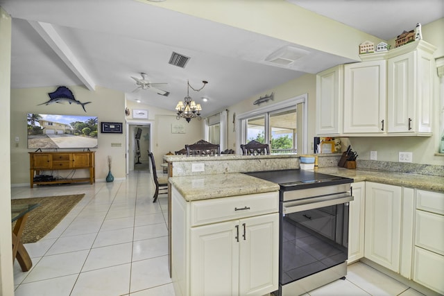 kitchen featuring vaulted ceiling with beams, stainless steel range with electric stovetop, light tile patterned floors, kitchen peninsula, and light stone countertops