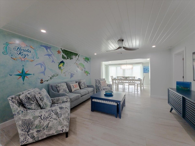 living room with wood ceiling and light wood-type flooring