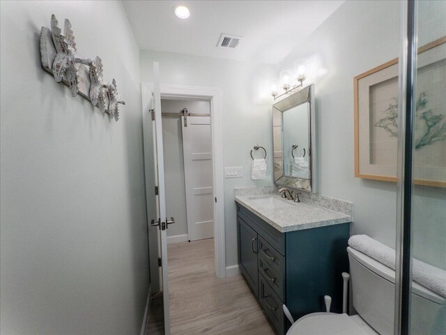 bathroom with vanity, toilet, and wood-type flooring