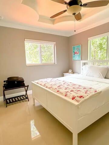 bedroom featuring multiple windows, crown molding, and a raised ceiling