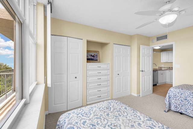 bedroom with light carpet, visible vents, a ceiling fan, multiple closets, and a sink