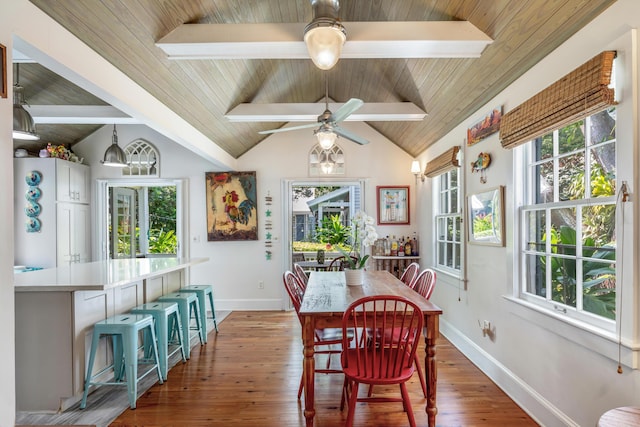 dining space featuring wood ceiling, hardwood / wood-style flooring, vaulted ceiling, and ceiling fan