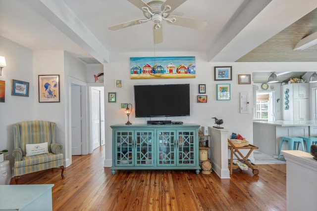 living room featuring wood-type flooring and ceiling fan