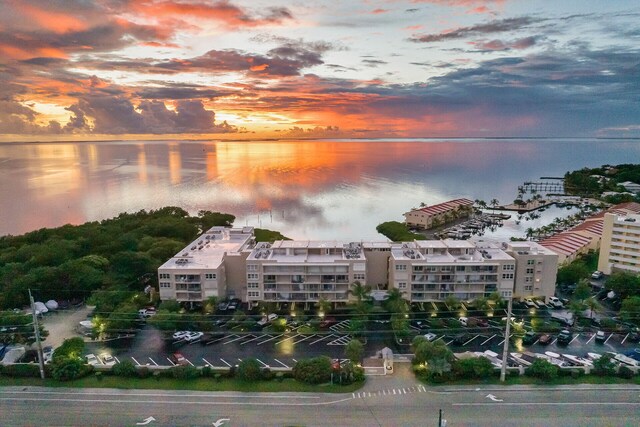 aerial view at dusk featuring a water view