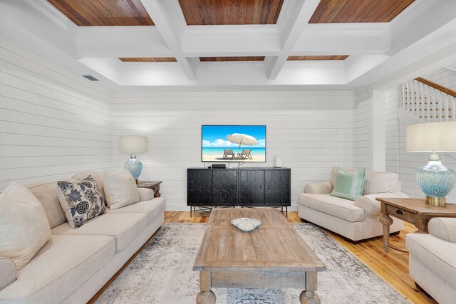 living area with hardwood / wood-style floors, beamed ceiling, wooden walls, coffered ceiling, and ornamental molding