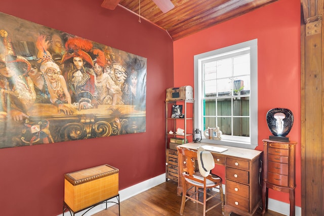 office space featuring wood ceiling, ceiling fan, baseboards, and wood finished floors