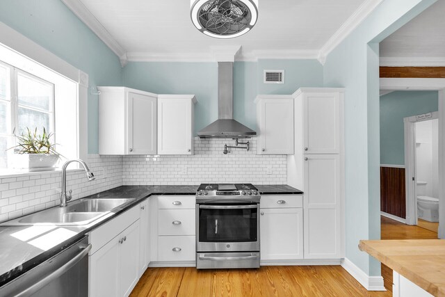 kitchen featuring appliances with stainless steel finishes, sink, white cabinets, light hardwood / wood-style floors, and wall chimney range hood