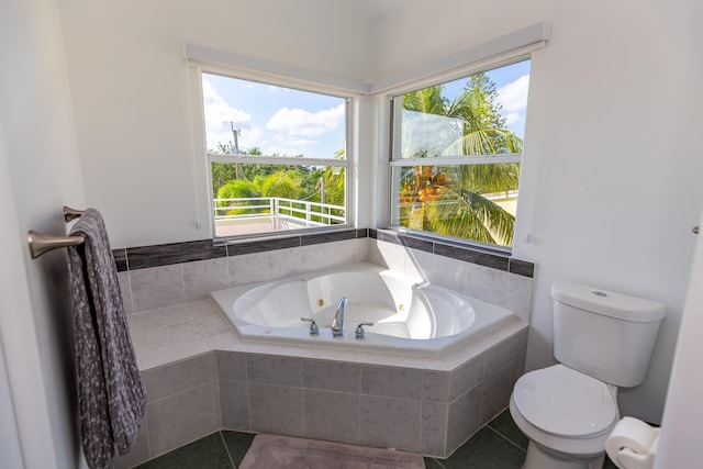 bathroom with toilet and tiled bath