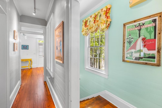 hallway featuring rail lighting, hardwood / wood-style floors, and crown molding