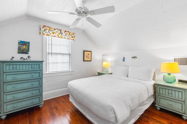 bedroom with ceiling fan, dark hardwood / wood-style flooring, and vaulted ceiling