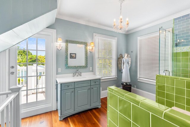 bathroom featuring vanity, hardwood / wood-style floors, crown molding, and a healthy amount of sunlight