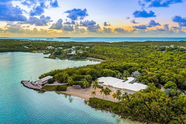 aerial view at dusk featuring a water view