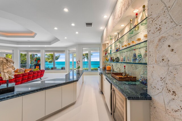 kitchen with a water view, white cabinetry, dark stone countertops, a raised ceiling, and a healthy amount of sunlight