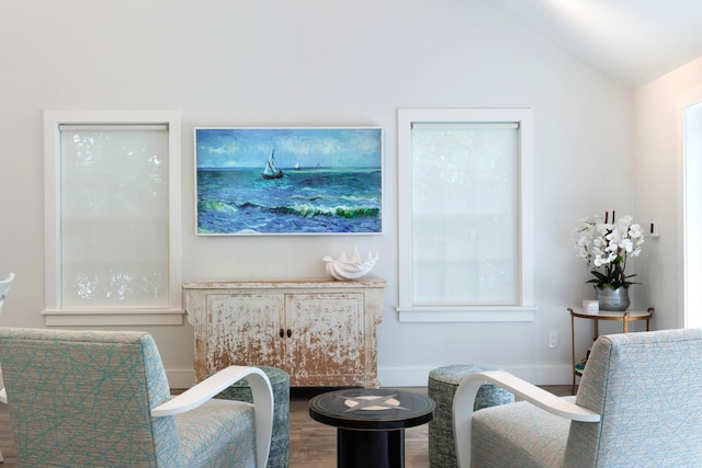 806 Southard St, Key West, FL 33040 - living area with baseboards, wood finished floors, vaulted ceiling, and a healthy amount of sunlight